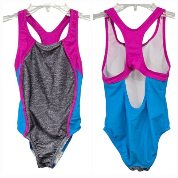 Speedo Girls Pink Gray Swimsuit Splice Racerback Keyhole One-Piece Bathing Suit - Picture 1 of 10